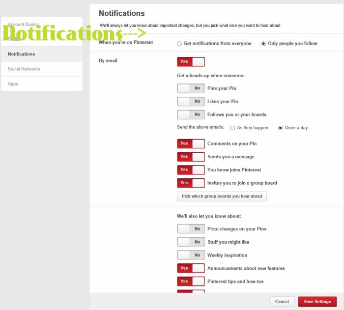 Pinterest settings screenshot