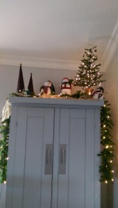 Cabinet top christmas decor snowman